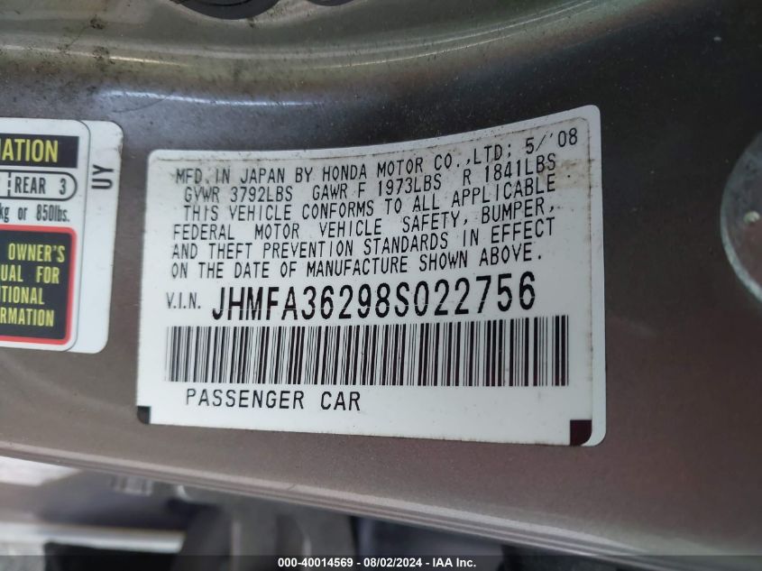 JHMFA36298S022756 | 2008 HONDA CIVIC HYBRID