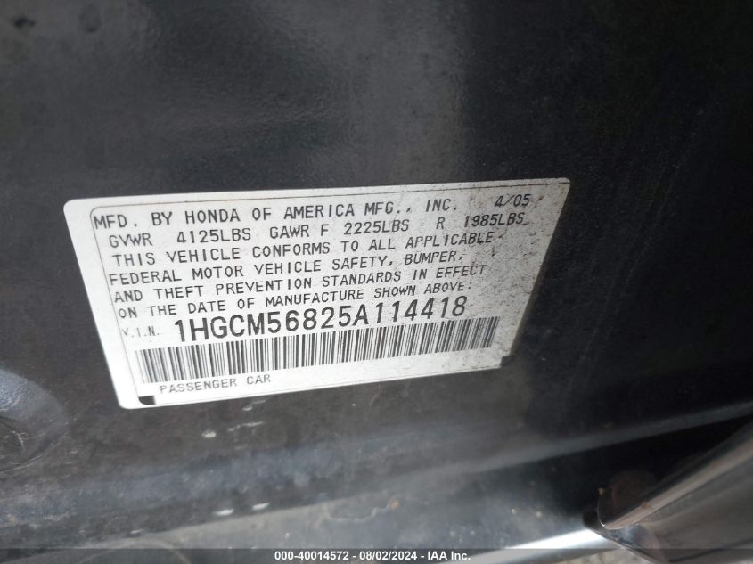 1HGCM56825A114418 2005 Honda Accord 2.4 Ex