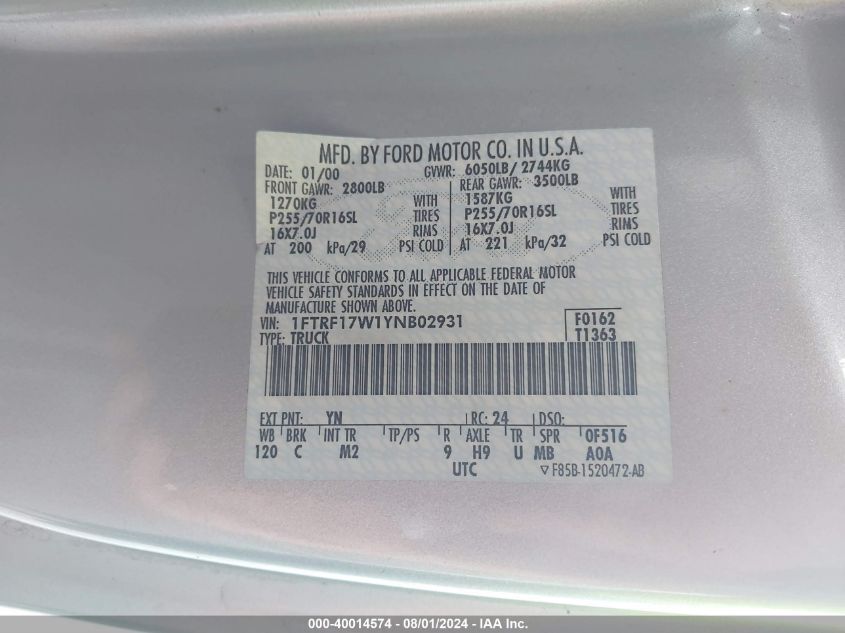 2000 Ford F-150 Work Series/Xl/Xlt VIN: 1FTRF17W1YNB02931 Lot: 40014574