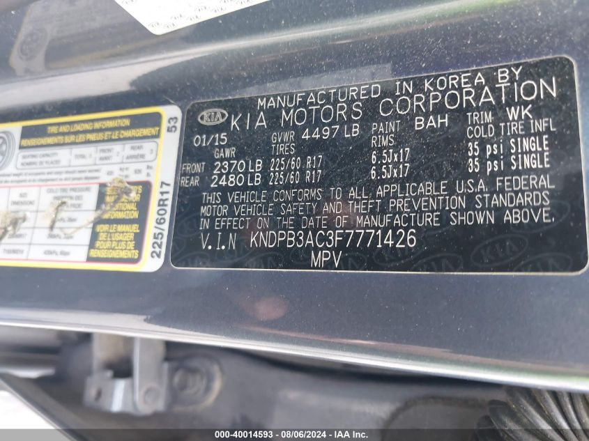 2015 Kia Sportage Lx VIN: KNDPB3AC3F7771426 Lot: 40014593
