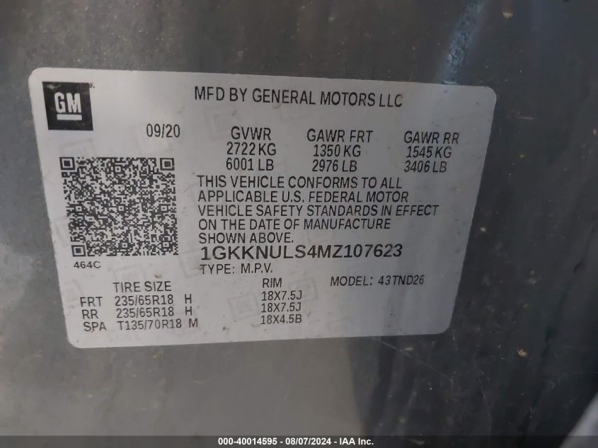 1GKKNULS4MZ107623 2021 GMC Acadia Slt