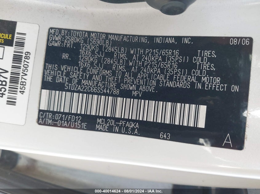 2006 Toyota Sienna Xle VIN: 5TDZA22C66S544788 Lot: 40014624