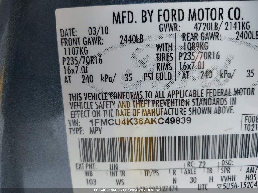 2010 Ford Escape Hybrid Limited VIN: 1FMCU4K36AKC49839 Lot: 40014665