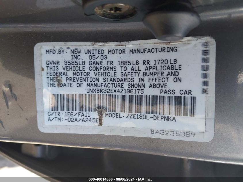 2004 Toyota Corolla Le VIN: 1NXBR32EX4Z196175 Lot: 40014666