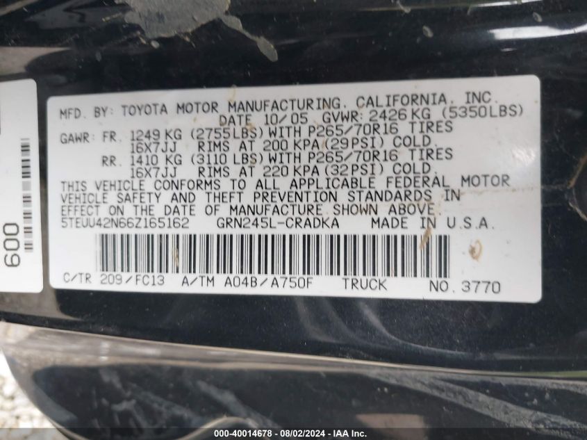 2006 Toyota Tacoma Base V6 VIN: 5TEUU42N66Z165162 Lot: 40014678