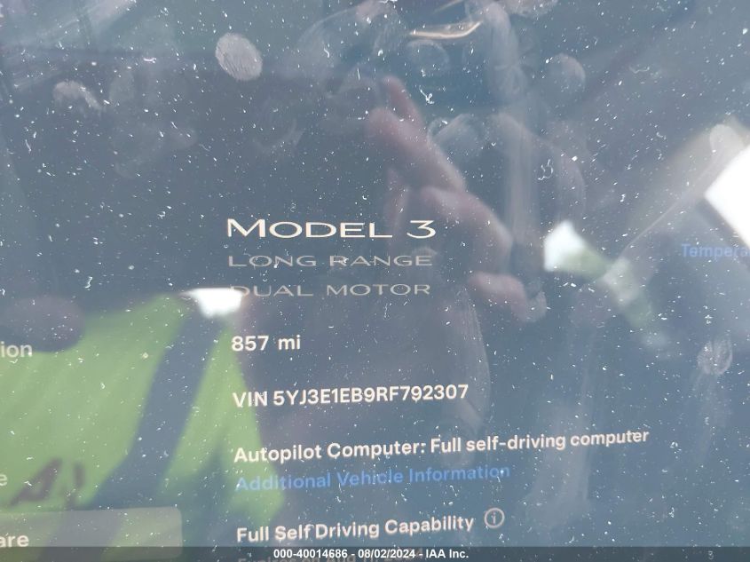 2024 Tesla Model 3 Long Range Dual Motor All-Wheel Drive VIN: 5YJ3E1EB9RF792307 Lot: 40014686