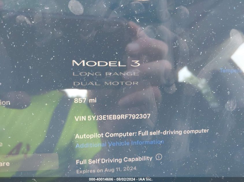 2024 Tesla Model 3 Long Range Dual Motor All-Wheel Drive VIN: 5YJ3E1EB9RF792307 Lot: 40014686