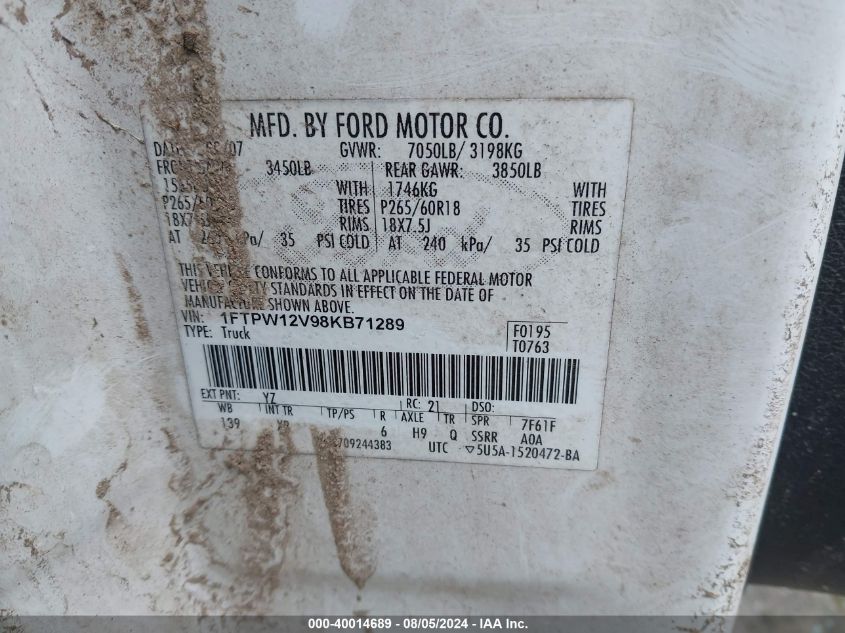 2008 Ford F-150 60Th Anniversary/Fx2/King Ranch/Lariat/Xlt VIN: 1FTPW12V98KB71289 Lot: 40014689