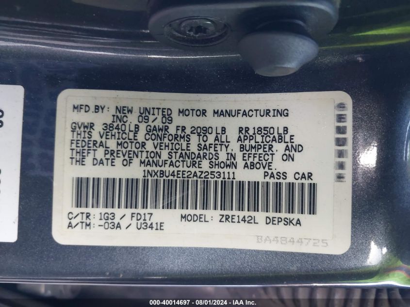 2010 Toyota Corolla S VIN: 1NXBU4EE2AZ253111 Lot: 40014697