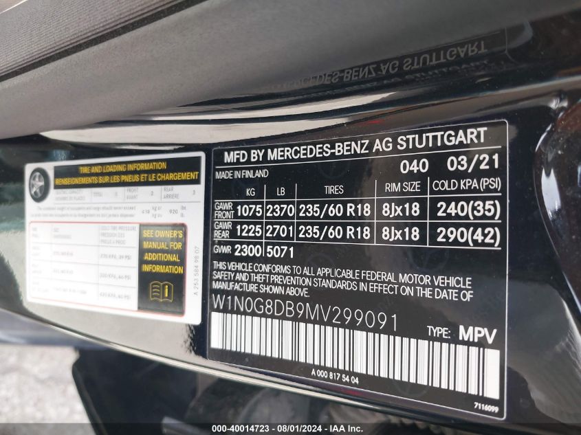 2021 Mercedes-Benz Glc 300 Suv VIN: W1N0G8DB9MV299091 Lot: 40014723