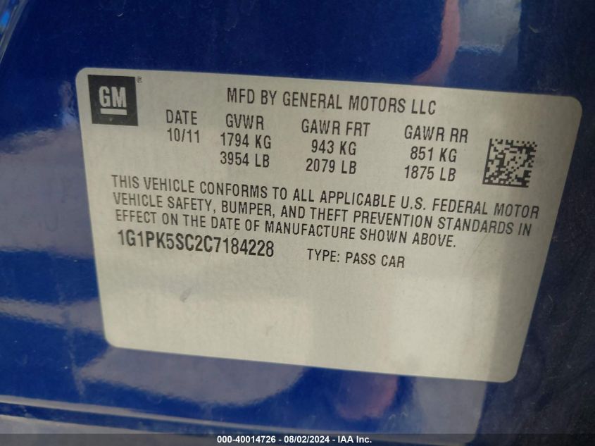 2012 Chevrolet Cruze Eco VIN: 1G1PK5SC2C7184228 Lot: 40014726