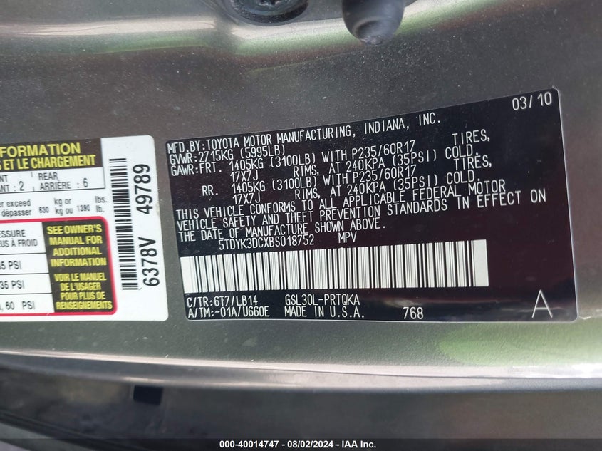 2011 Toyota Sienna Xle V6 VIN: 5TDYK3DCXBS018752 Lot: 40014747