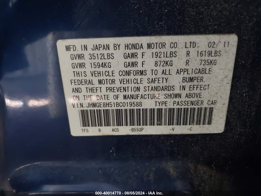 2011 HONDA FIT VIN: 2HNYD2H73BH004671