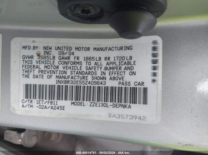 2005 Toyota Corolla Le VIN: 1NXBR32E55Z409843 Lot: 40014781