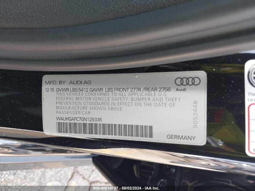 2016 Audi A6 Prestige VIN: WAUHGAFC7GN125335 Lot: 40014797