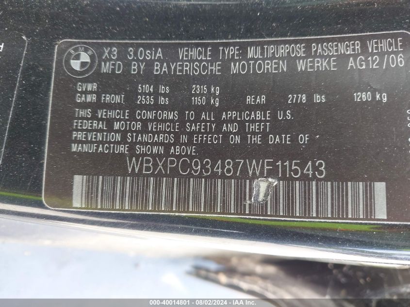 WBXPC93487WF11543 2007 BMW X3 3.0Si