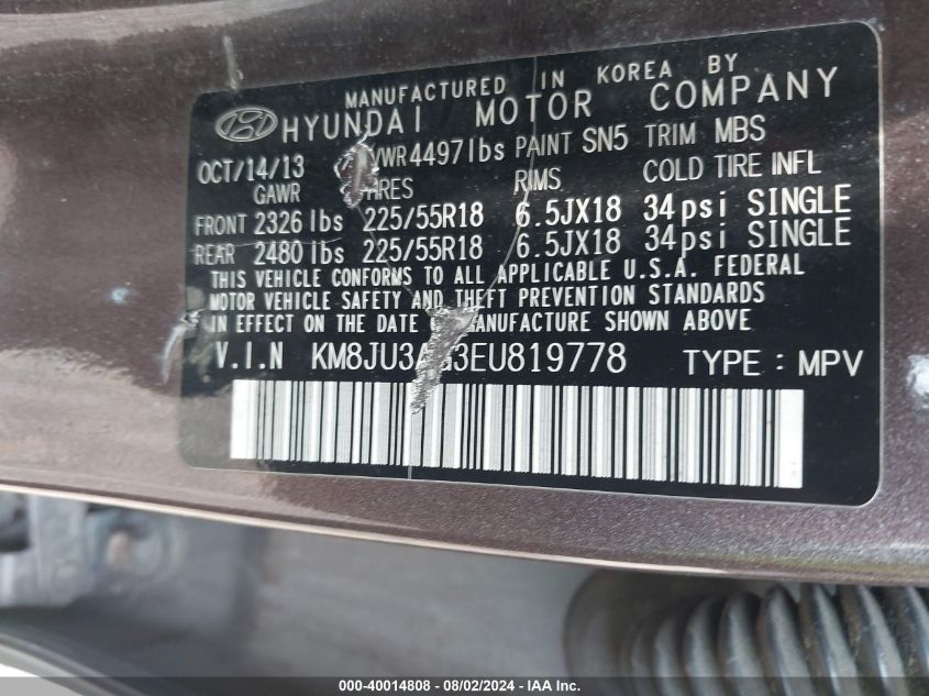 2014 Hyundai Tucson Limited VIN: KM8JU3AG3EU819778 Lot: 40014808