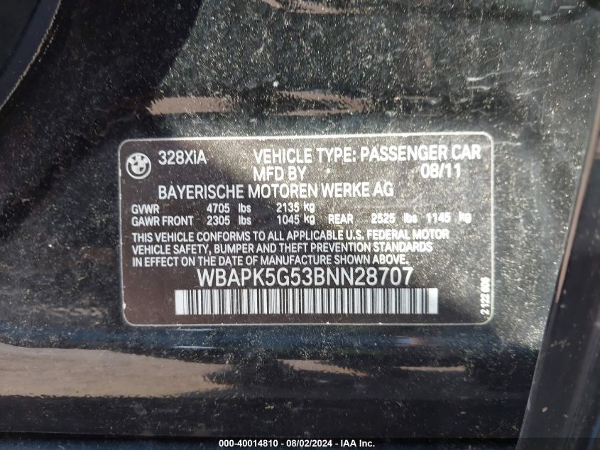 2011 BMW 328I xDrive VIN: WBAPK5G53BNN28707 Lot: 40014810