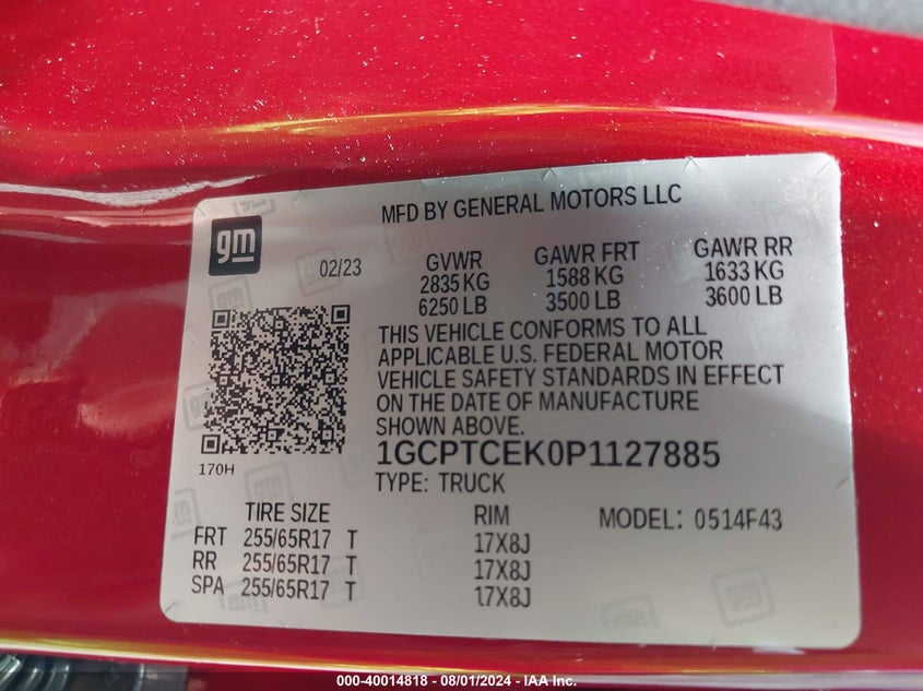 VIN 1GCPTCEK0P1127885 2023 CHEVROLET COLORADO 4WD  SHORT BOX LT
