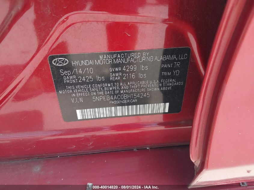 5NPEB4AC0BH154245 2011 Hyundai Sonata Gls