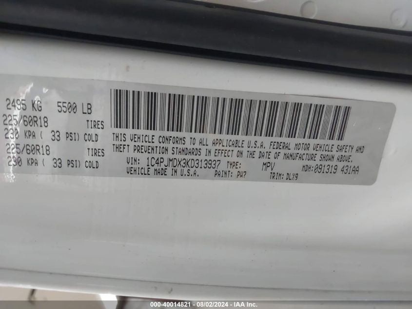 2019 Jeep Cherokee Limited VIN: 1C4PJMDX3KD313937 Lot: 40014821