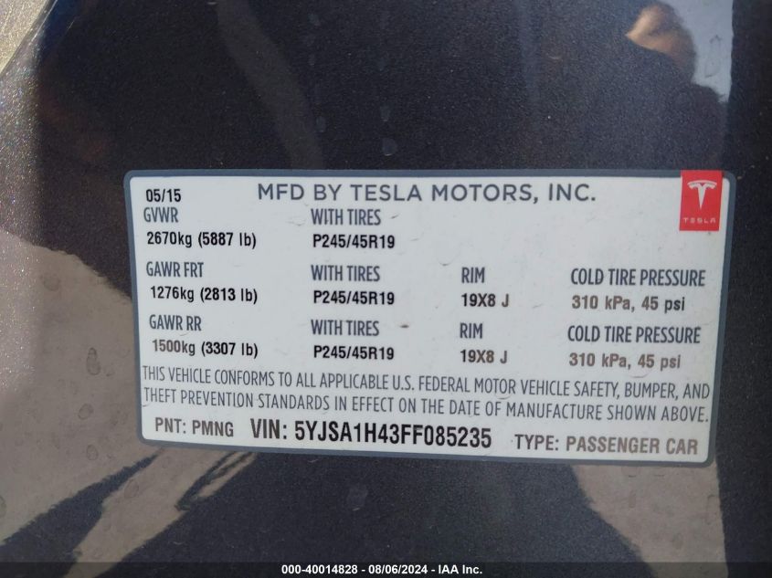 2015 Tesla Model S 85D/P85D VIN: 5YJSA1H43FF085235 Lot: 40014828