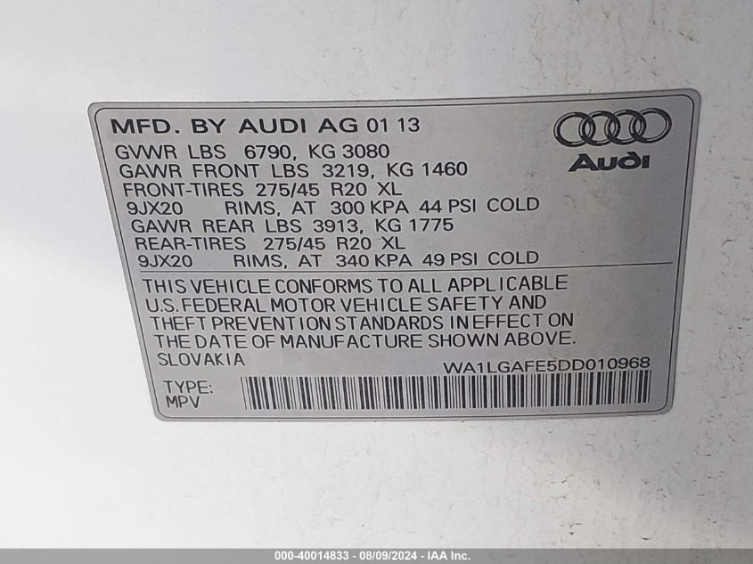 WA1LGAFE5DD010968 2013 Audi Q7 3.0T Premium