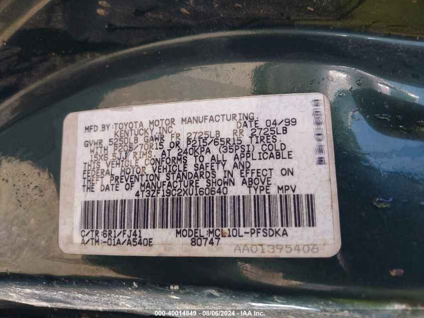 1999 Toyota Sienna Ce VIN: 4T3ZF19C2XU160640 Lot: 40014849