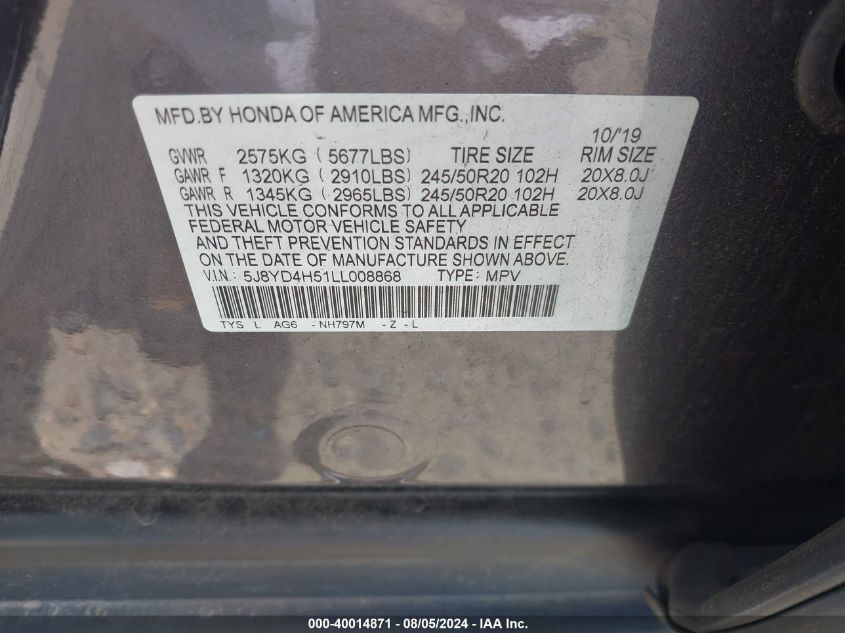 2020 Acura Mdx Technology Pkg VIN: 5J8YD4H51LL008868 Lot: 40014871