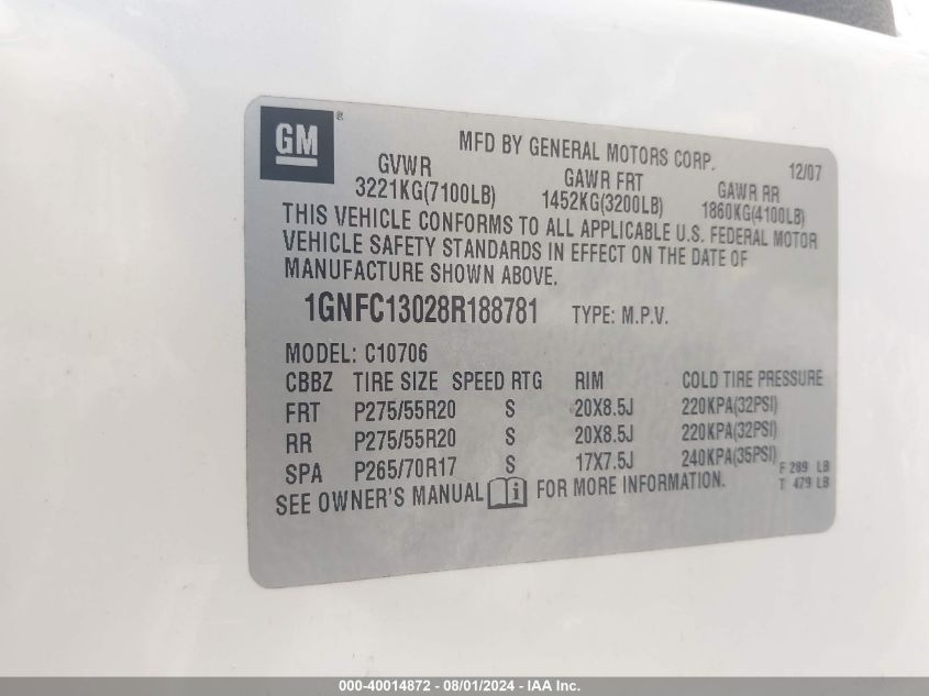 2008 Chevrolet Tahoe Ltz VIN: 1GNFC13028R188781 Lot: 40014872