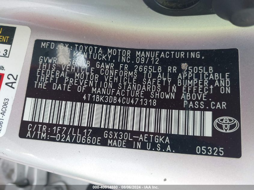 2012 Toyota Avalon Limited VIN: 4T1BK3DB4CU471318 Lot: 40014880