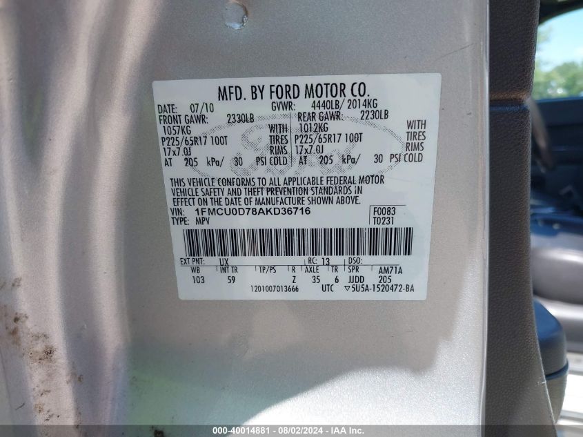 2010 Ford Escape Xlt VIN: 1FMCU0D78AKD36716 Lot: 40014881