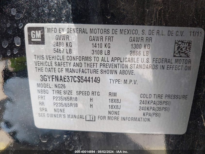 2012 Cadillac Srx Luxury Collection VIN: 3GYFNAE37CS544149 Lot: 40014894