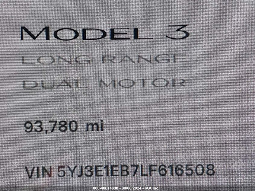 2020 Tesla Model 3 Long Range Dual Motor All-Wheel Drive VIN: 5YJ3E1EB7LF616508 Lot: 40014898