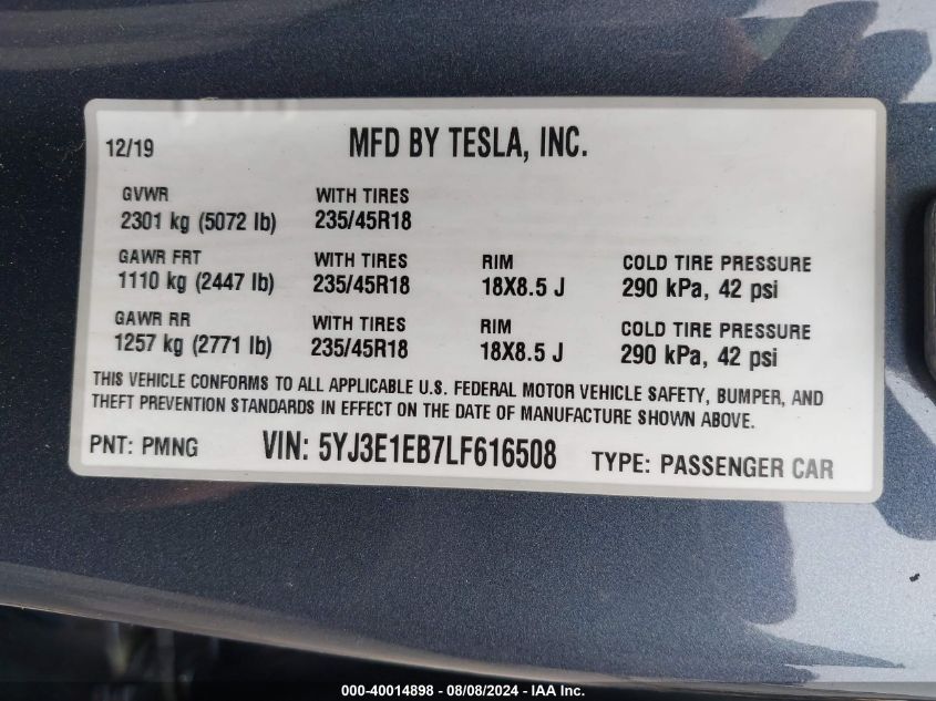 2020 Tesla Model 3 Long Range Dual Motor All-Wheel Drive VIN: 5YJ3E1EB7LF616508 Lot: 40014898