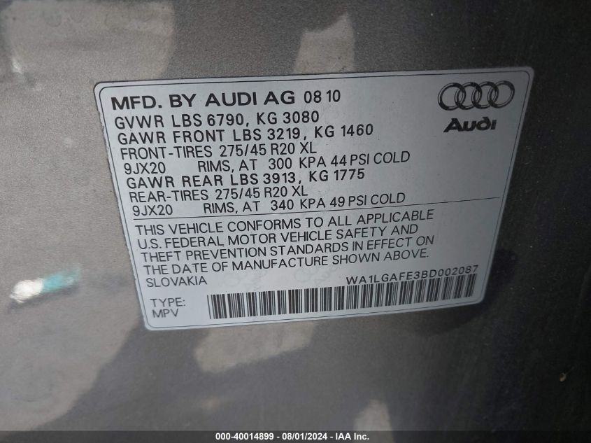 2011 Audi Q7 3.0T Premium VIN: WA1LGAFE3BD002087 Lot: 40014899