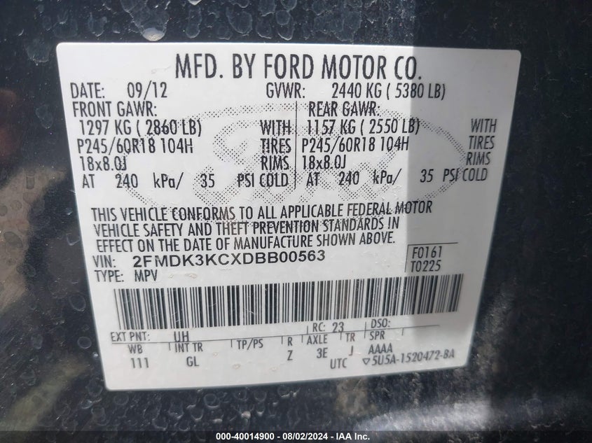 2013 Ford Edge Limited VIN: 2FMDK3KCXDBB00563 Lot: 40014900