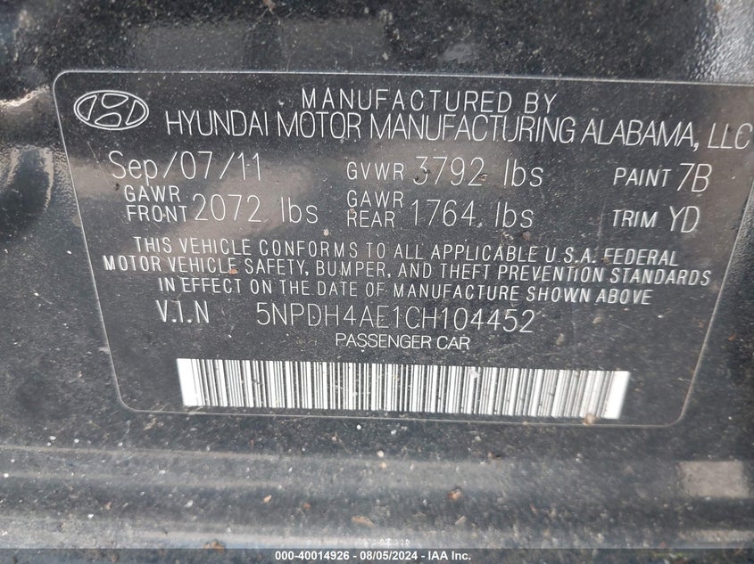 2012 Hyundai Elantra Gls/Limited VIN: 5NPDH4AE1CH104452 Lot: 40014926