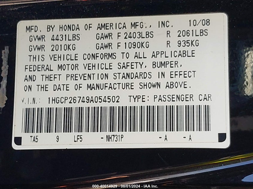 2009 Honda Accord 2.4 Ex VIN: 1HGCP26749A054502 Lot: 40014929