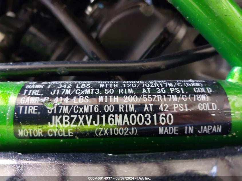 2021 Kawasaki Zx1002 VIN: JKBZXVJ16MA003160 Lot: 40014937
