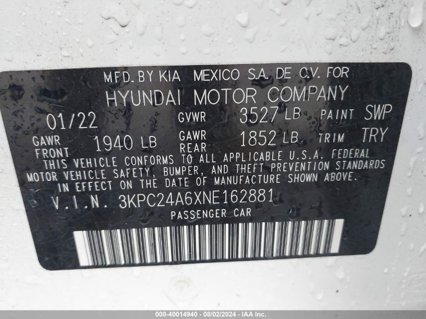 2022 Hyundai Accent Sel VIN: 3KPC24A6XNE162881 Lot: 40014940