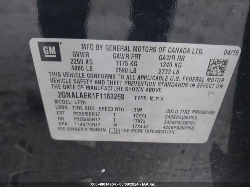 2015 Chevrolet Equinox Ls VIN: 2GNALAEK1F1163269 Lot: 40014954