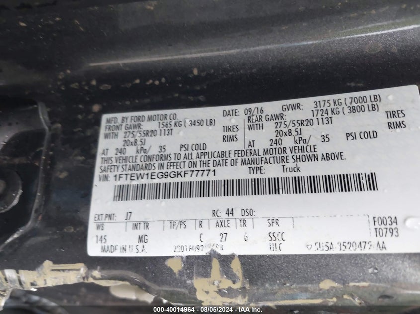 2016 FORD F150 VIN: 1FTEW1EG9GKF77771