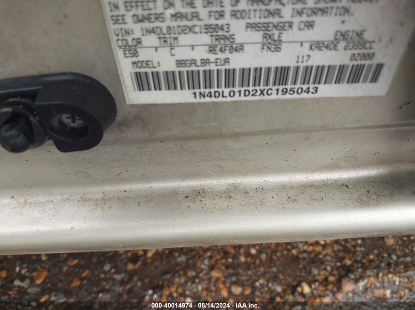 1999 Nissan Altima Gle/Gxe/Se/Se-L/Xe VIN: 1N4DL01D2XC195043 Lot: 40014974