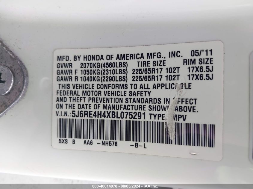 2011 Honda Cr-V Se VIN: 5J6RE4H4XBL075291 Lot: 40014978