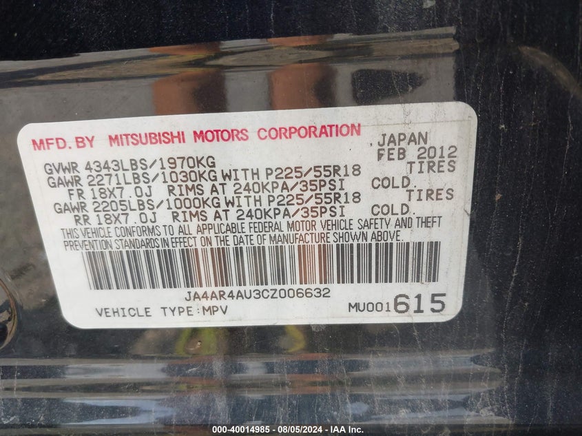 2012 Mitsubishi Outlander Sport Se VIN: JA4AR4AU3CZ006632 Lot: 40014985