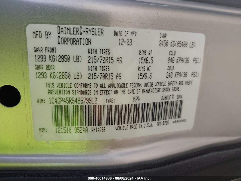 2004 Chrysler Town & Country VIN: 1C4GP45R54B579912 Lot: 40014986