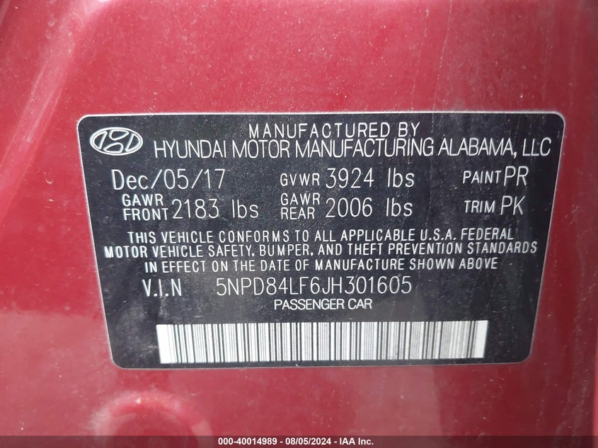 VIN 5NPD84LF6JH301605 2018 HYUNDAI ELANTRA SEL