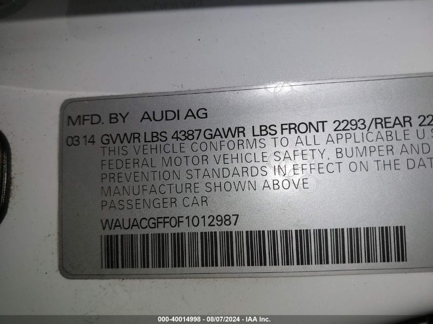 WAUACGFF0F1012987 2015 Audi A3 1.8T Premium