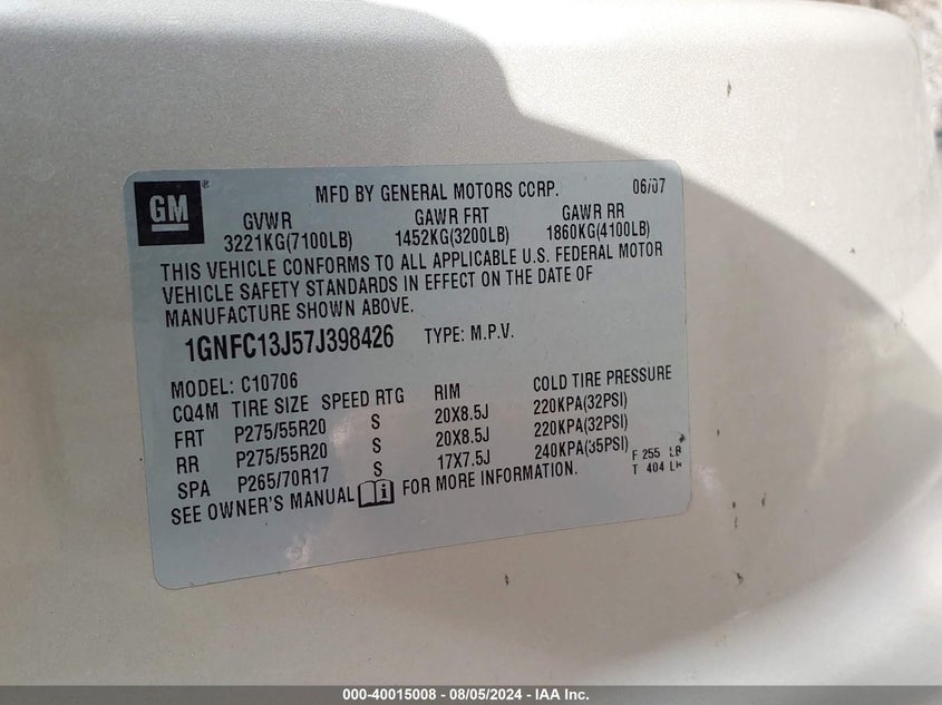 2007 Chevrolet Tahoe C1500 VIN: 1GNFC13J57J398426 Lot: 40015008